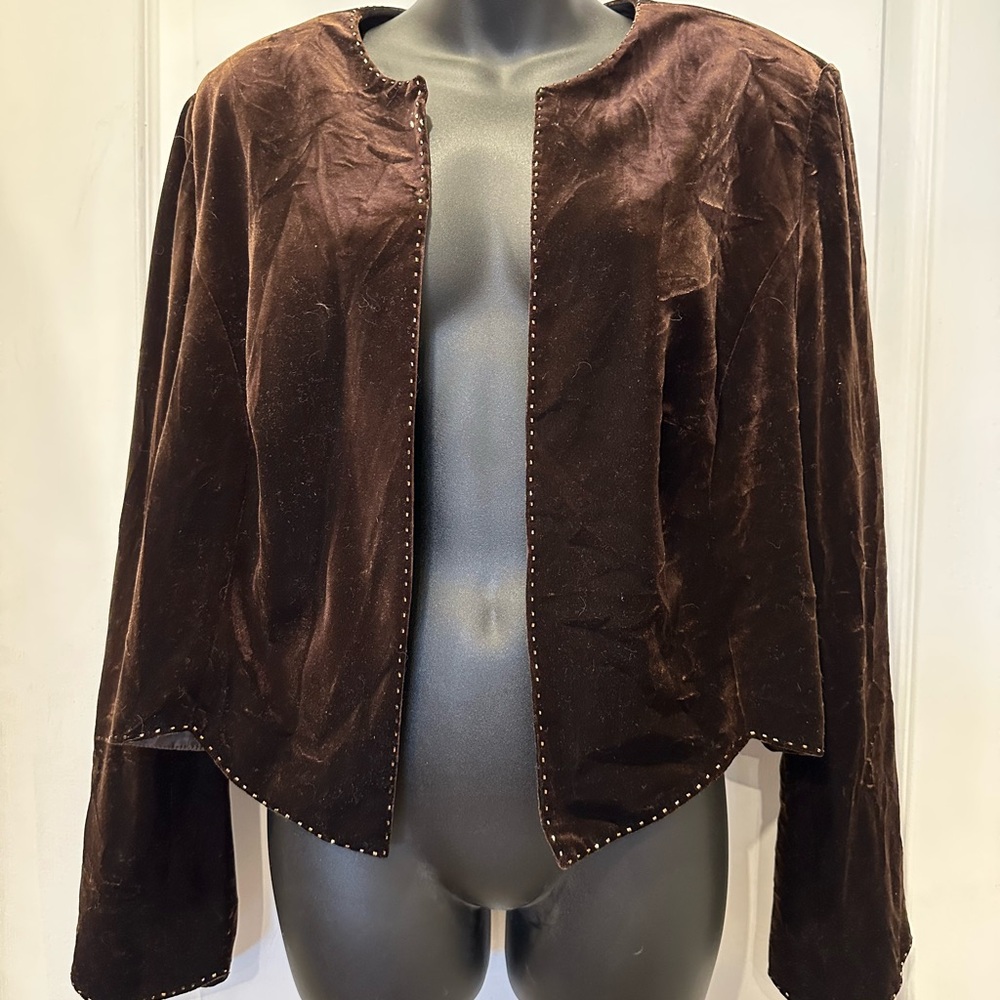 Adrianna Papell Chocolate Brown Velvet Open Front Jacket glass bead scallop hem